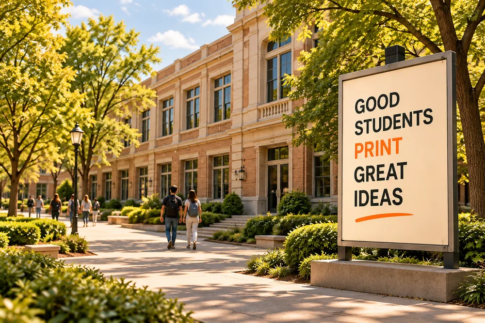Illustrative sunlit campus scene with a printing-themed notice board